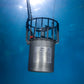 Close-up of a Kasco 1/2 HP de-icer suspended underwater with mooring ropes
