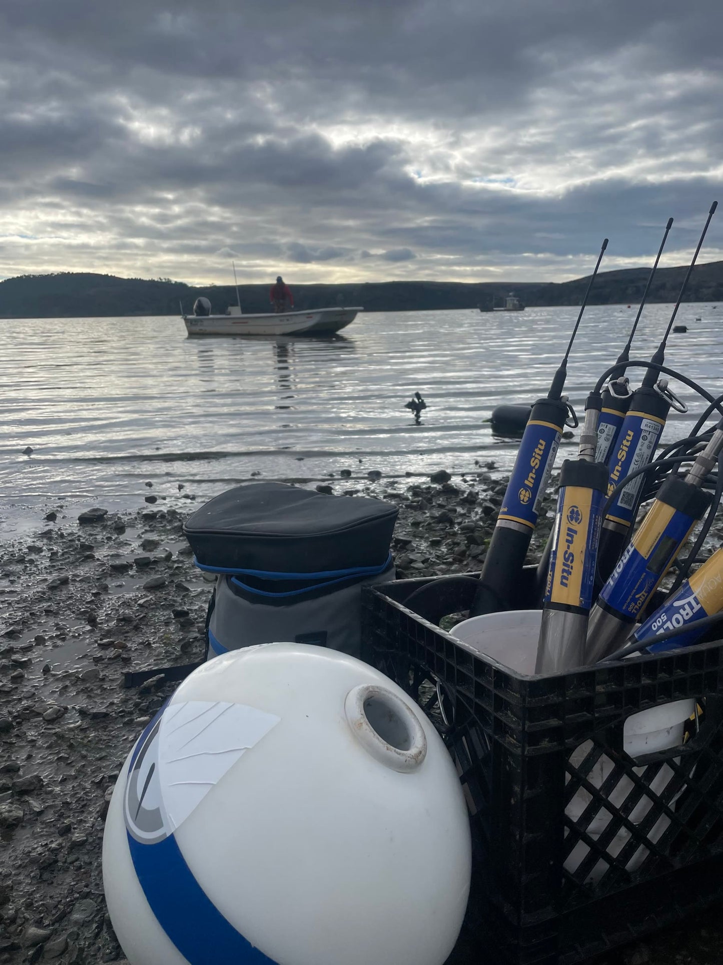 In-Situ water quality equipment and LakeTech buoy staged at a lakeshore