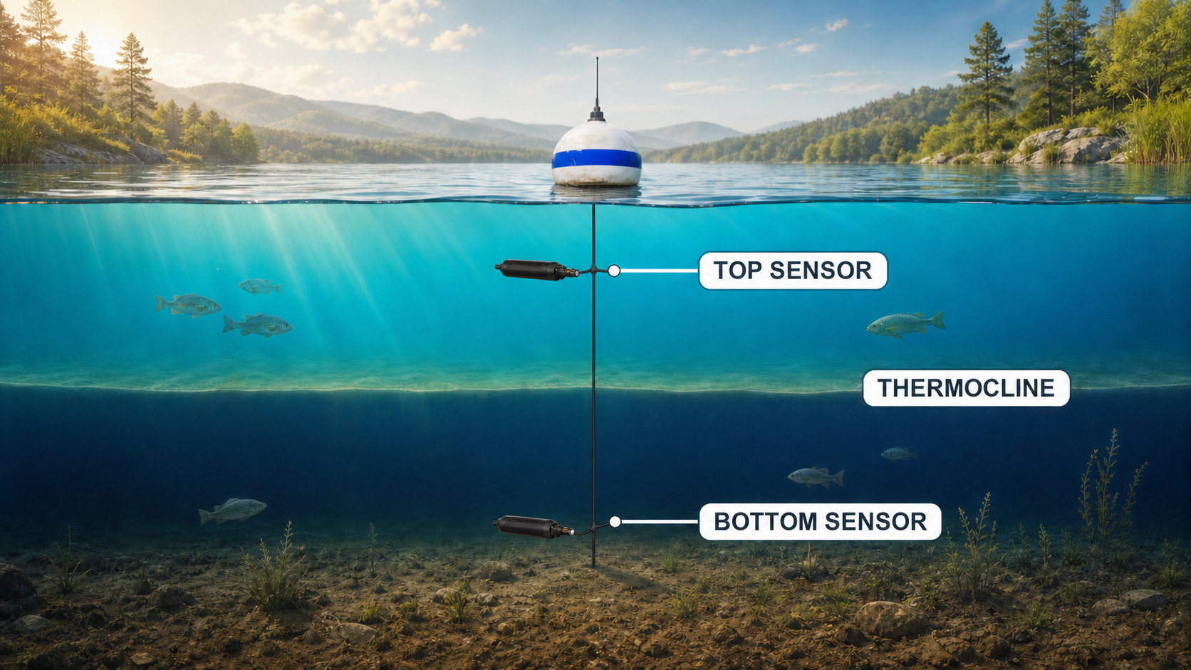 LakeTech Top/Bottom sensor locations in a stratified lake, with one trunk cable branching to black top and bottom probes