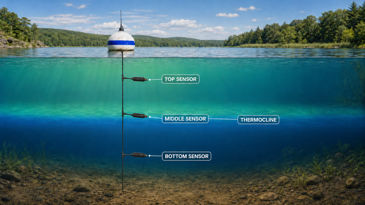LakeTech Top/Middle/Bottom sensor locations in a stratified lake, with one trunk cable branching to three black probes
