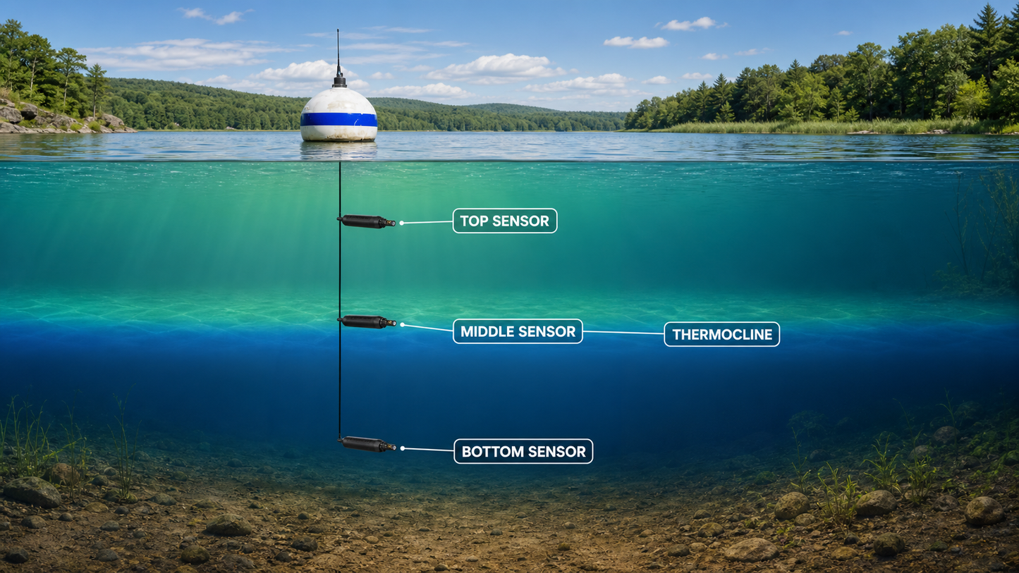 LakeTech Top/Middle/Bottom sensor locations across a stratified lake, with top, thermocline, and bottom probes